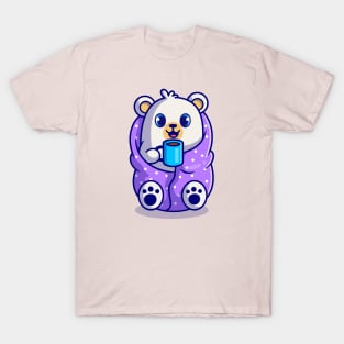 Cute Polar Bear Wearing Blanket And Drink Hot Coffee Cup Cartoon T-Shirt